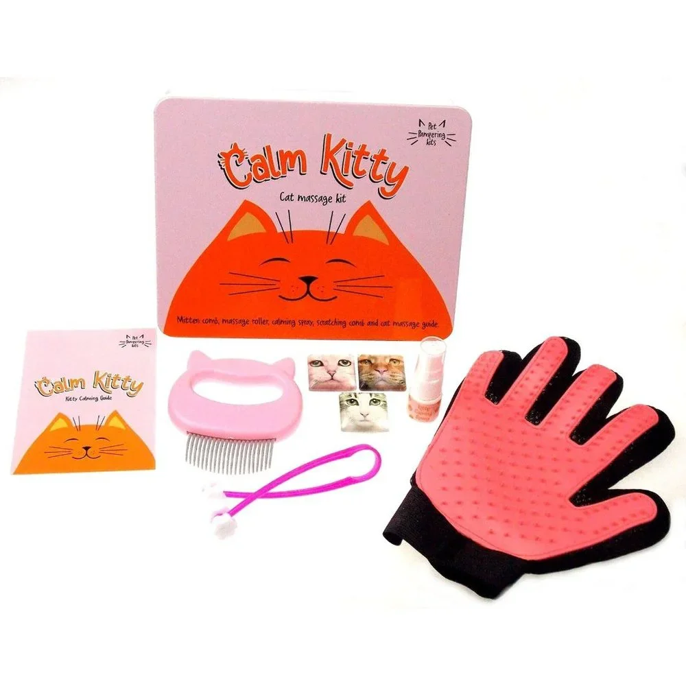 Calm Kitty Cat Massage Kit Fridge Magnets Mitten Comb Massage Roller Spray Gift